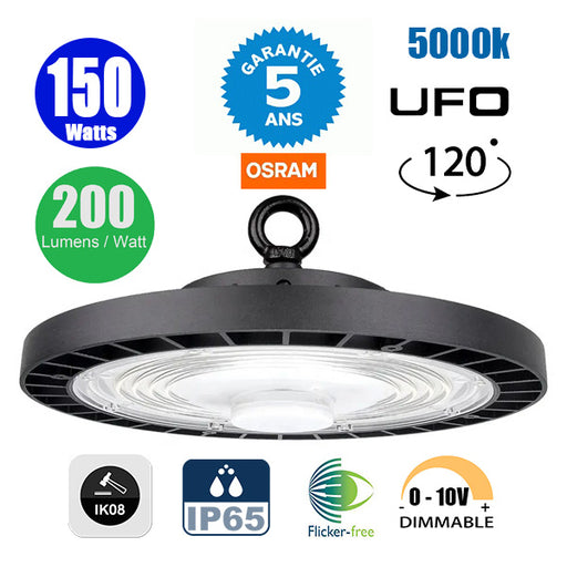 Lampe industrielle UFO - Série SAPHIR V2 - Puissance 150 Watts - 30 000 Lumens - 200 Lumens/Watt - Angle 120° - IP65 - IK08 - 30 x 8 cm - Dimmable - Transformateur OSRAM - Flicker Free - 5000k - Garantie 5 ans