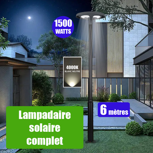 Pack lampadaire solaire complet 6 mètres : Lampe solaire pour extérieur - Série OVNI FUTUR V2 - 1500 Watts - 3200 Lumens - 4000k + Mât STANDARD 6 mètres