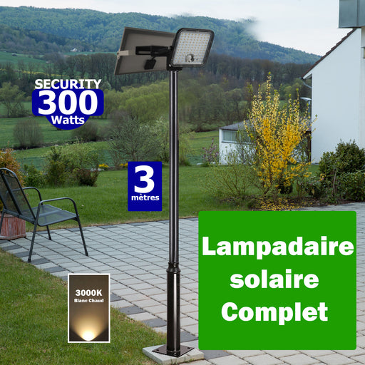 Pack lampadaire complet 3 mètres : Projecteur LED solaire - Série SECURITY - Rendu lumineux 300 Watts 3000k + Mât STANDARD 3 mètres