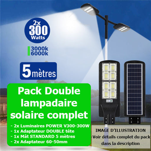 Pack lampadaire complet double tête 5 mètres : 2x Lampes solaires Série POWER V300 - 300 Watts 3000k/6000k + Mât STANDARD 5 mètres + Double tête de mât en ligne + Adaptateur 60/50mm