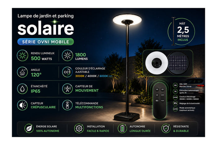 🆕[NOUVEAUTÉ] Lampe de jardin et parking solaire - Série OVNI MOBILE - CCT - 500 Watts