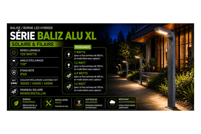 🆕 [NOUVEAUTÉ] Balise / Borne LED Hybride - Série BALIZ ALU XL - CCT - Solaire & Filaire - 360 / 600 Lumens