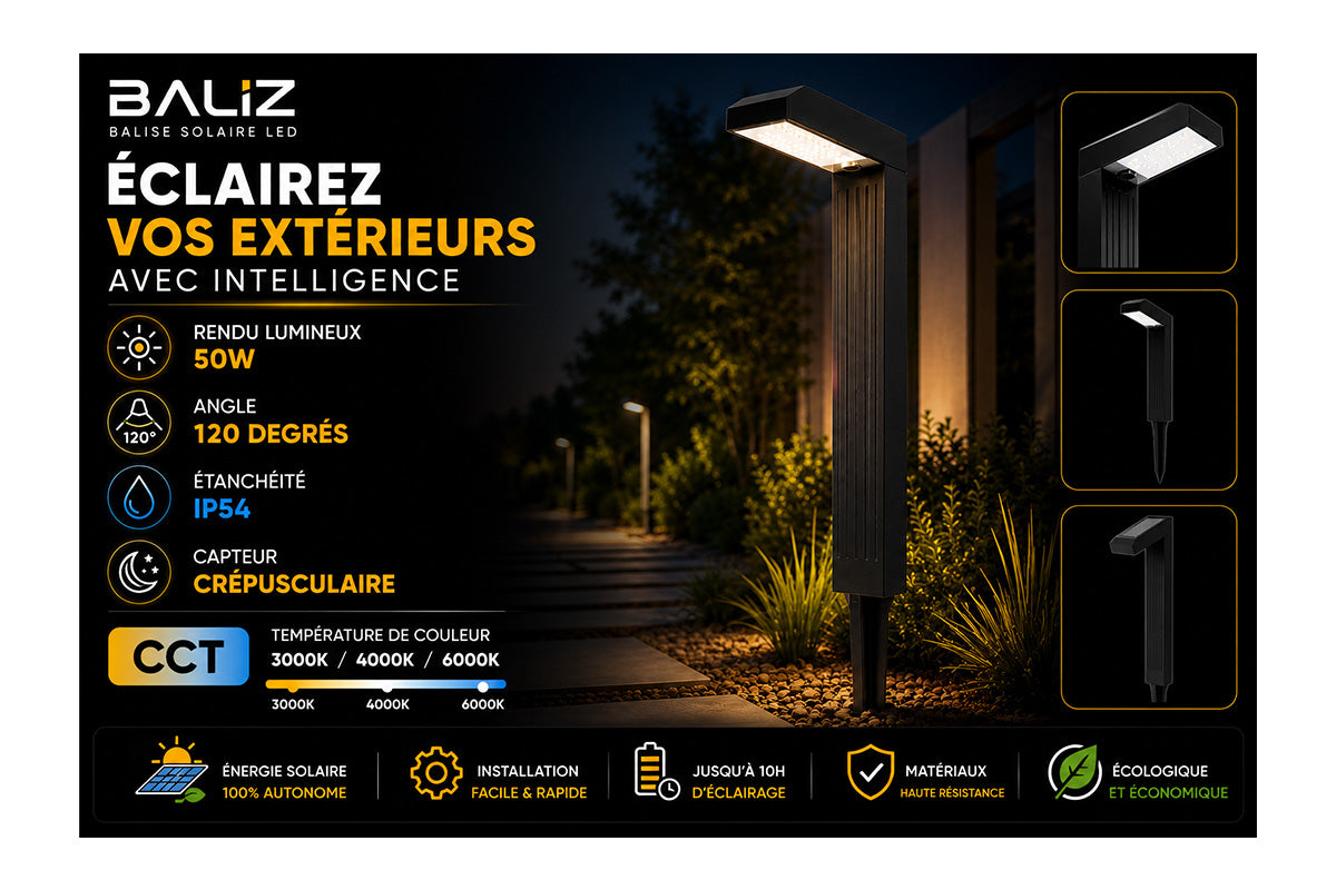 🆕[NOUVEAUTÉ] Balise / Borne solaire LED - Série BALIZ - CCT - Rendu lumineux 50 Watts