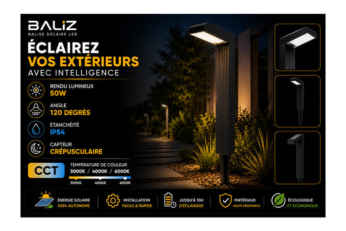 🆕[NOUVEAUTÉ] Balise / Borne solaire LED - Série BALIZ - CCT - Rendu lumineux 50 Watts