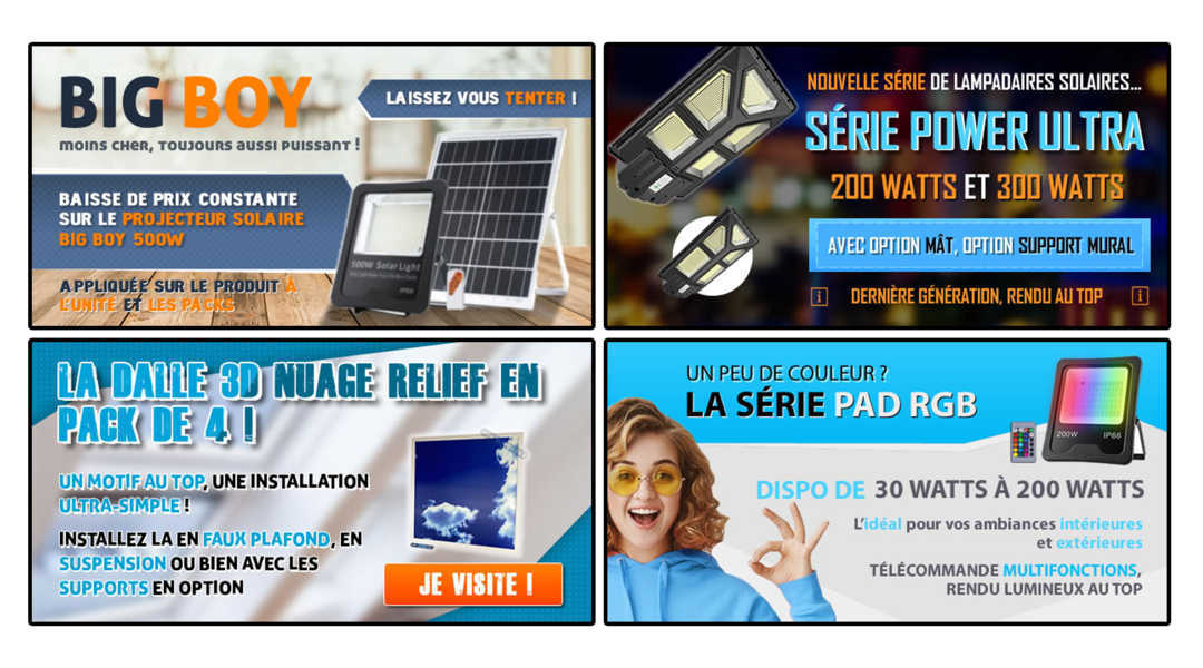 Baisse de prix BIG BOY / Packs Dalles nuages 3D / Lampe de rue solaire et Projecteurs RGB