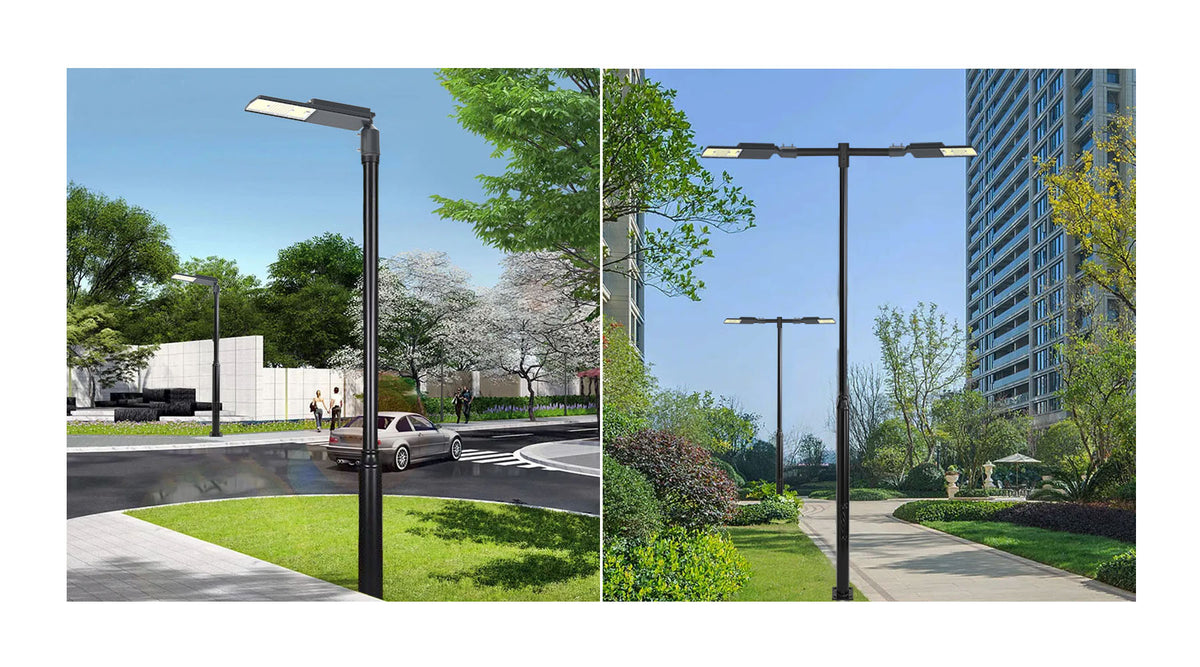 Pack lampadaire filaire complet double tête 4 mètres : 2x Projecteurs LED filaires - Série CITY PLUS ULTRA - CCT - 150 Watts + Mât STANDARD V4 EVO - 4 mètres avec trappe  + Tête de mât rectangulaire