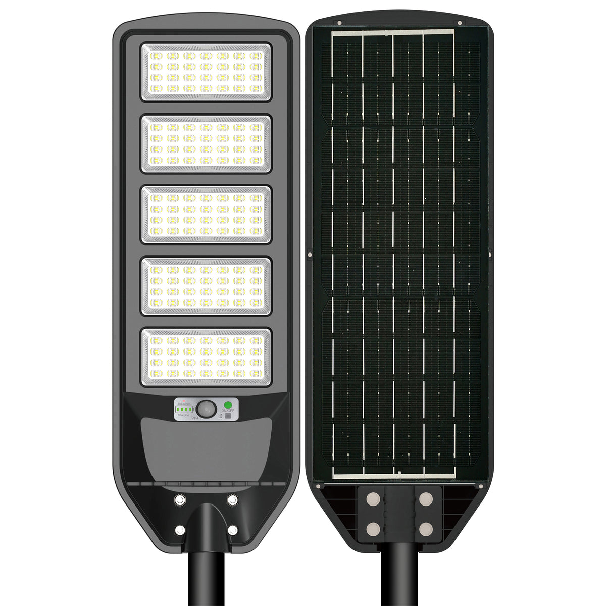 Pack de 2x Lampes de rue LED solaires - Série VIEW V2 EVO - 1200 Watts - 3600 Lumens - 3000k - Angle 140*70° - IP65 - 64 x 26 x 7 cm - Panneau Monocristallin - Batterie 20Ah - Détecteur de mouvement - Télécommande - Tube d'insertion 45mm