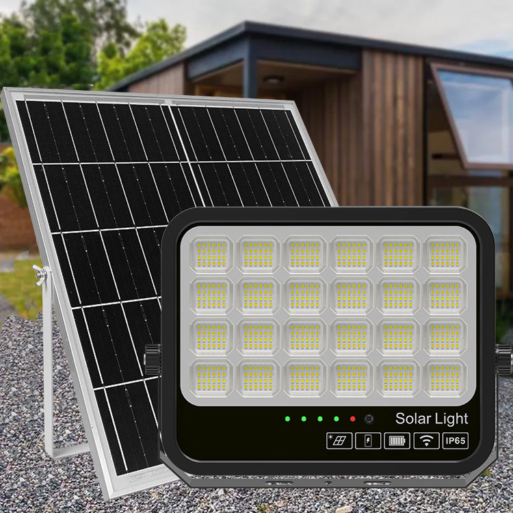 Pack de 4x Projecteurs LED solaires - Série AJUST V3 - CCT - Rendu lumineux 1200 Watts - 6300 Lumens - 90° - IP65 - Projecteur 35 x 26 x 5 cm - Panneau MONOCRISTALLIN 63 x 39 x 2 cm - Avec télécommande - Avec capteur crépusculaire