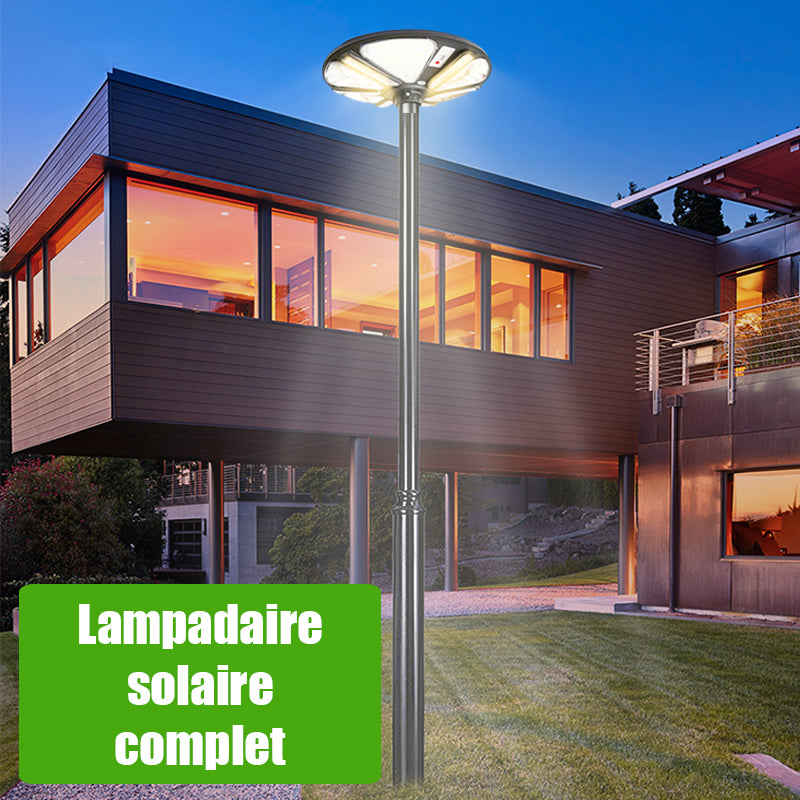 Pack lampadaire complet 3 mètres : Projecteur LED Solaire Série WARRIOR 800 Watts RGBW (Multicolores + Blanc) + Mât STANDARD (V1 EVO ou V4 EVO - Avec trappe) + Tête de mât rectangulaire