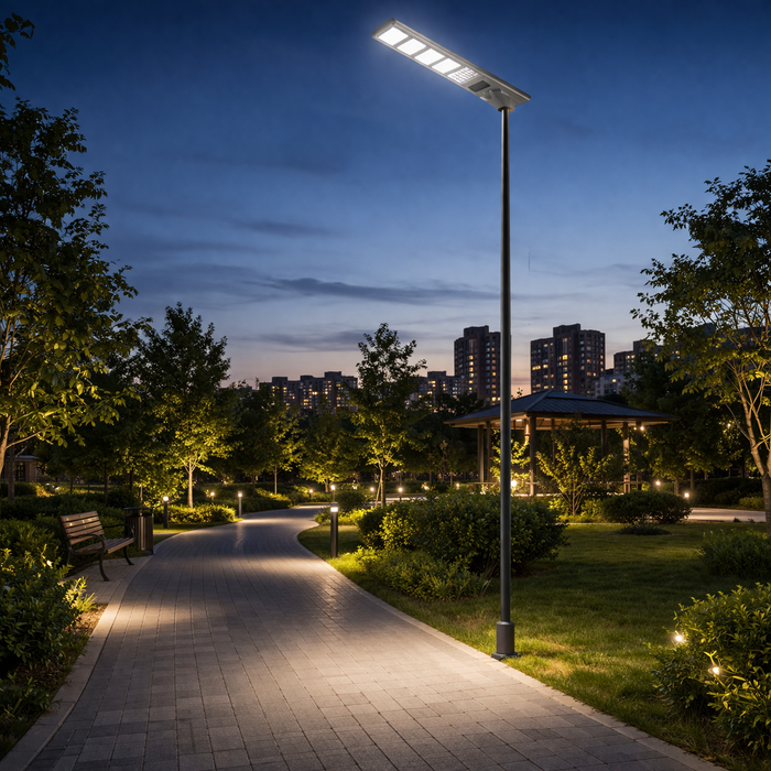 Lampe de rue solaire - Série VIBRATION - 5640 Lumens - 500 Watts - Structure Aluminium + ABS - Dimensions 1500 x 255 mm - Panneau solaire 55W MONOCRISTALLIN - Autonomie 12 heures