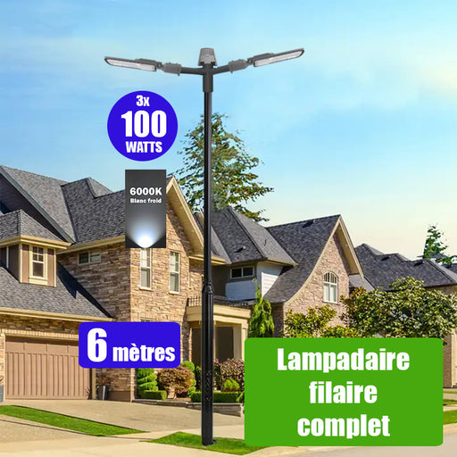 Pack lampadaire filaire complet triple tête 6 mètres : 3x Lampes de rue filaire - Série FLEX ECO - 100 Watts - 6000k + Mât STANDARD - 6 mètres avec trappe au choix (STANDARD V2 EVO ou STANDARD V4 EVO) + Triple tête de mât + 3x Adaptateurs 60/50 ajustable