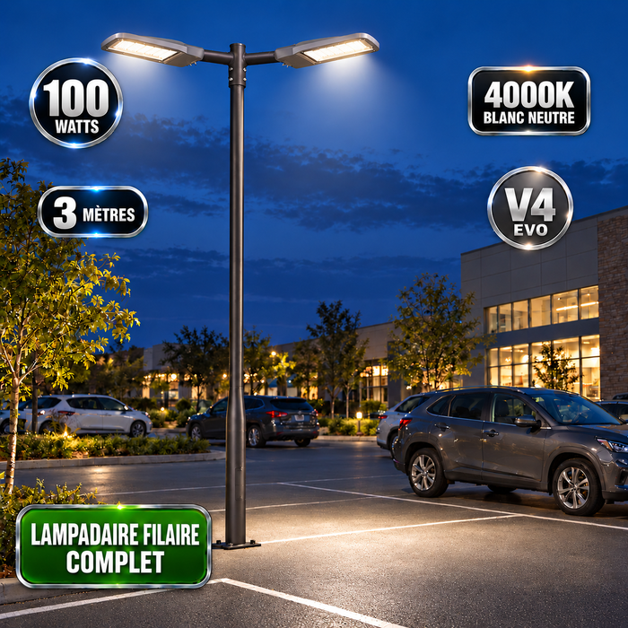 Pack lampadaire filaire complet double tête 3/4/5/6 mètres au choix : 2x Lampadaires LED filaires Série FLEX V4 + Mât STANDARD V4 EVO - Entraxe des trous 200mm - Noir ou Gris + Adaptateur en ligne ou perpendiculaire 80/60mm
