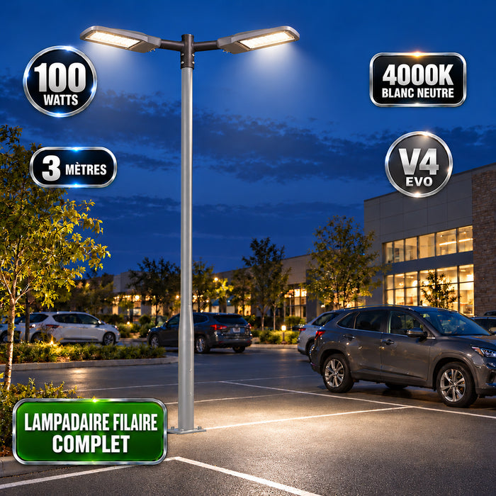 Pack lampadaire filaire complet double tête 3/4/5/6 mètres au choix : 2x Lampadaires LED filaires Série FLEX V4 + Mât STANDARD V4 EVO - Entraxe des trous 200mm - Noir ou Gris + Adaptateur en ligne ou perpendiculaire 80/60mm