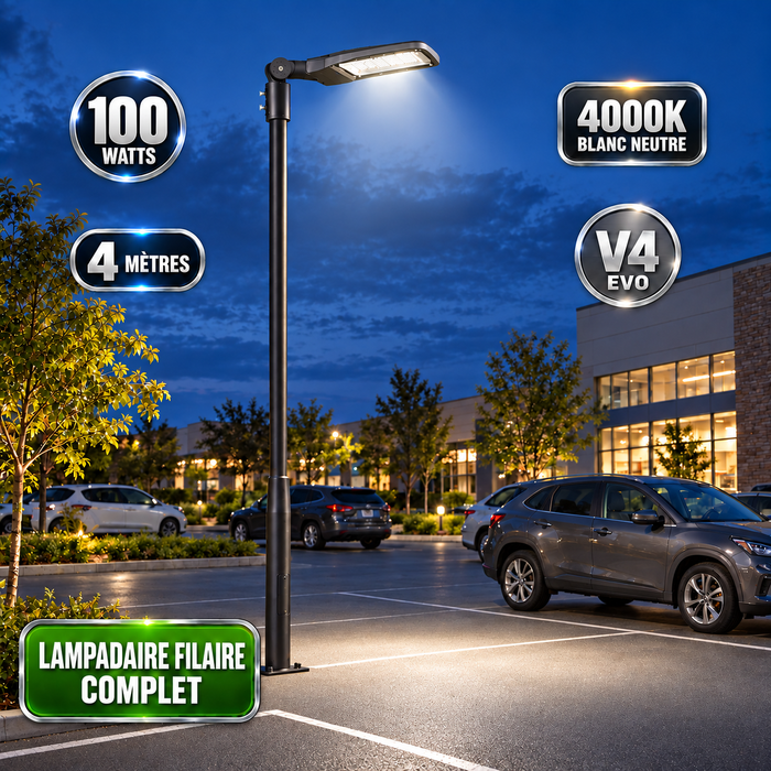 Pack lampadaire filaire complet 3/4/5/6 mètres au choix : Lampadaire LED filaire Série FLEX V4 + Mât STANDARD V4 EVO - Entraxe des trous 200mm - Noir ou Gris