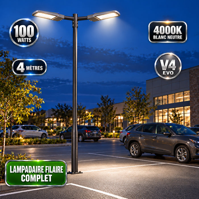 Pack lampadaire filaire complet double tête 3/4/5/6 mètres au choix : 2x Lampadaires LED filaires Série FLEX V4 EVO - Avec capteur crépusculaire + Mât STANDARD V4 EVO - Entraxe des trous 200mm - Noir / Gris + Adaptateur en ligne ou perpendiculaire