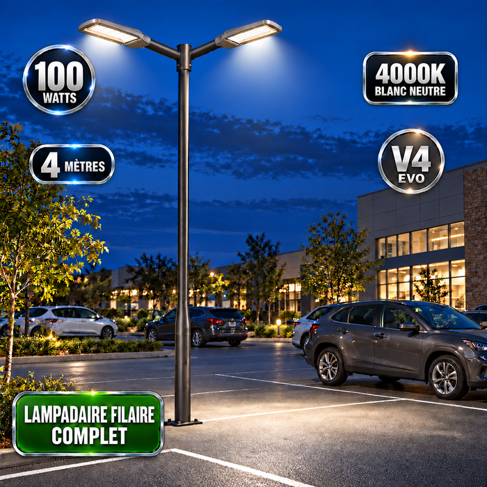 Pack lampadaire filaire complet double tête 3/4/5/6 mètres au choix : 2x Lampadaires LED filaires Série FLEX V4 + Mât STANDARD V4 EVO - Entraxe des trous 200mm - Noir ou Gris + Adaptateur en ligne ou perpendiculaire 80/60mm