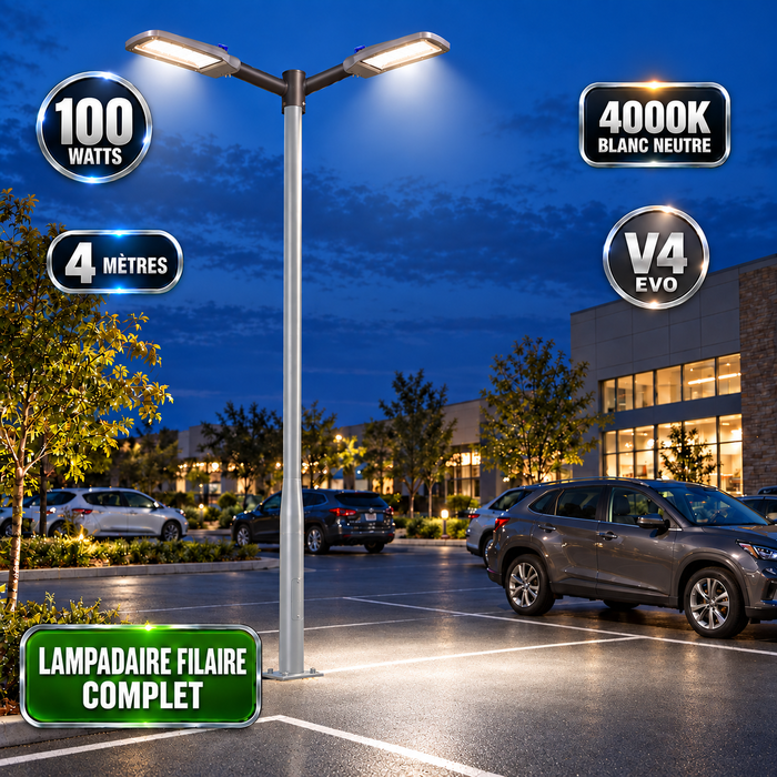 Pack lampadaire filaire complet double tête 3/4/5/6 mètres au choix : 2x Lampadaires LED filaires Série FLEX V4 EVO - Avec capteur crépusculaire + Mât STANDARD V4 EVO - Entraxe des trous 200mm - Noir / Gris + Adaptateur en ligne ou perpendiculaire