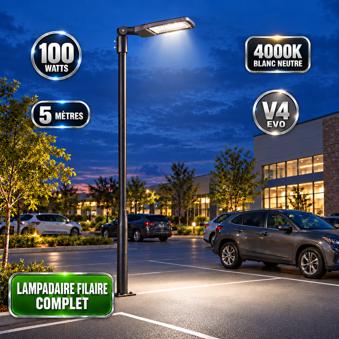 Pack lampadaire filaire complet 3/4/5/6 mètres au choix : Lampadaire LED filaire Série FLEX V4 + Mât STANDARD V4 EVO - Entraxe des trous 200mm - Noir ou Gris