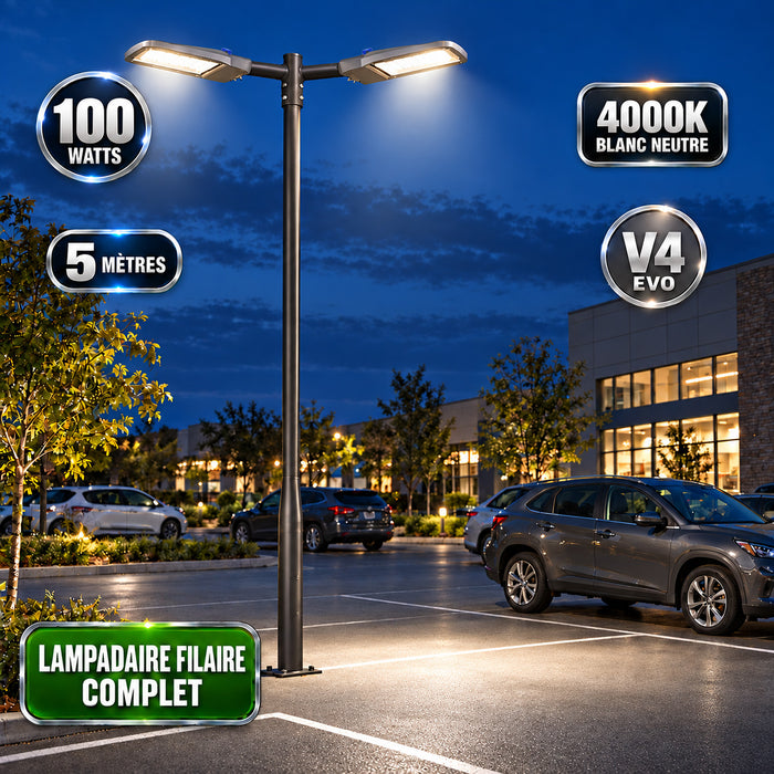 Pack lampadaire filaire complet double tête 3/4/5/6 mètres au choix : 2x Lampadaires LED filaires Série FLEX V4 EVO - Avec capteur crépusculaire + Mât STANDARD V4 EVO - Entraxe des trous 200mm - Noir / Gris + Adaptateur en ligne ou perpendiculaire