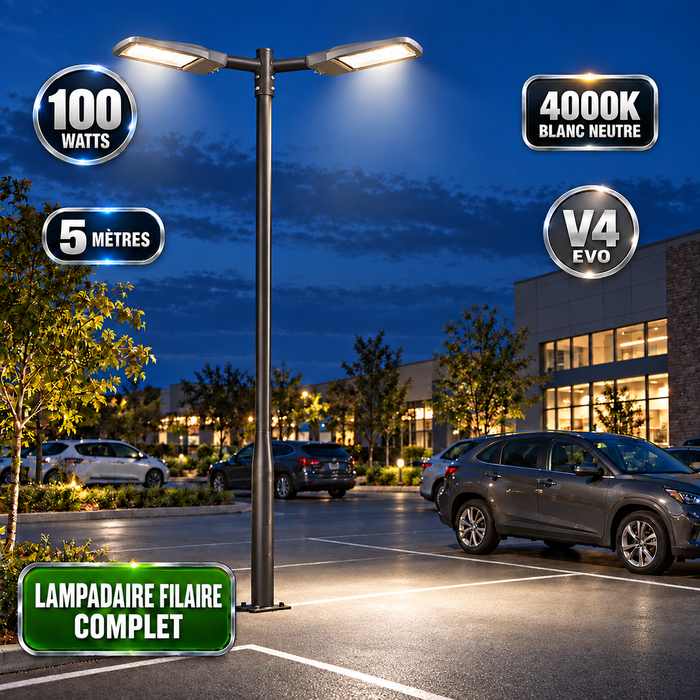 Pack lampadaire filaire complet double tête 3/4/5/6 mètres au choix : 2x Lampadaires LED filaires Série FLEX V4 + Mât STANDARD V4 EVO - Entraxe des trous 200mm - Noir ou Gris + Adaptateur en ligne ou perpendiculaire 80/60mm