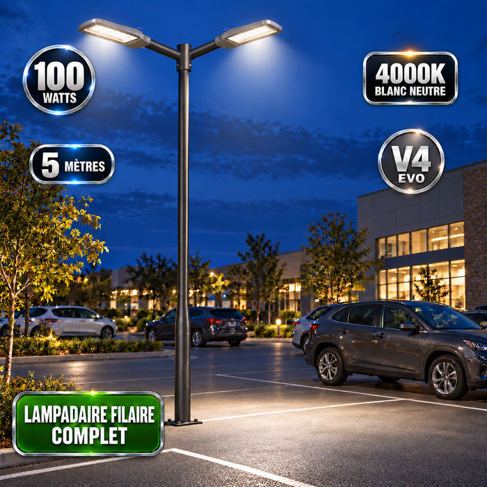 Pack lampadaire filaire complet double tête 3/4/5/6 mètres au choix : 2x Lampadaires LED filaires Série FLEX V4 EVO - Avec capteur crépusculaire + Mât STANDARD V4 EVO - Entraxe des trous 200mm - Noir / Gris + Adaptateur en ligne ou perpendiculaire