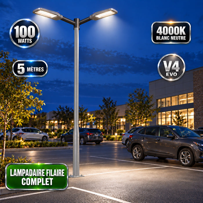 Pack lampadaire filaire complet double tête 3/4/5/6 mètres au choix : 2x Lampadaires LED filaires Série FLEX V4 EVO - Avec capteur crépusculaire + Mât STANDARD V4 EVO - Entraxe des trous 200mm - Noir / Gris + Adaptateur en ligne ou perpendiculaire
