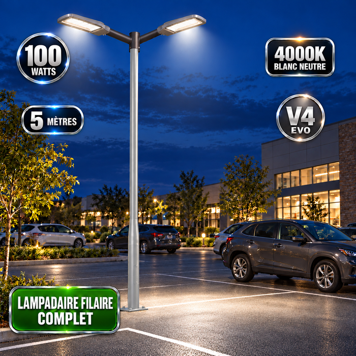 Pack lampadaire filaire complet double tête 3/4/5/6 mètres au choix : 2x Lampadaires LED filaires Série FLEX V4 + Mât STANDARD V4 EVO - Entraxe des trous 200mm - Noir ou Gris + Adaptateur en ligne ou perpendiculaire 80/60mm