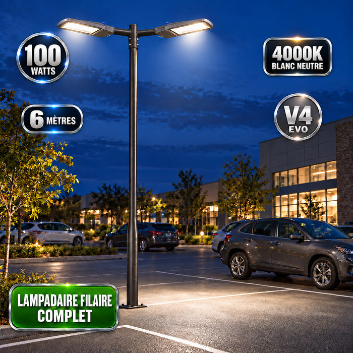 Pack lampadaire filaire complet double tête 3/4/5/6 mètres au choix : 2x Lampadaires LED filaires Série FLEX V4 EVO - Avec capteur crépusculaire + Mât STANDARD V4 EVO - Entraxe des trous 200mm - Noir / Gris + Adaptateur en ligne ou perpendiculaire