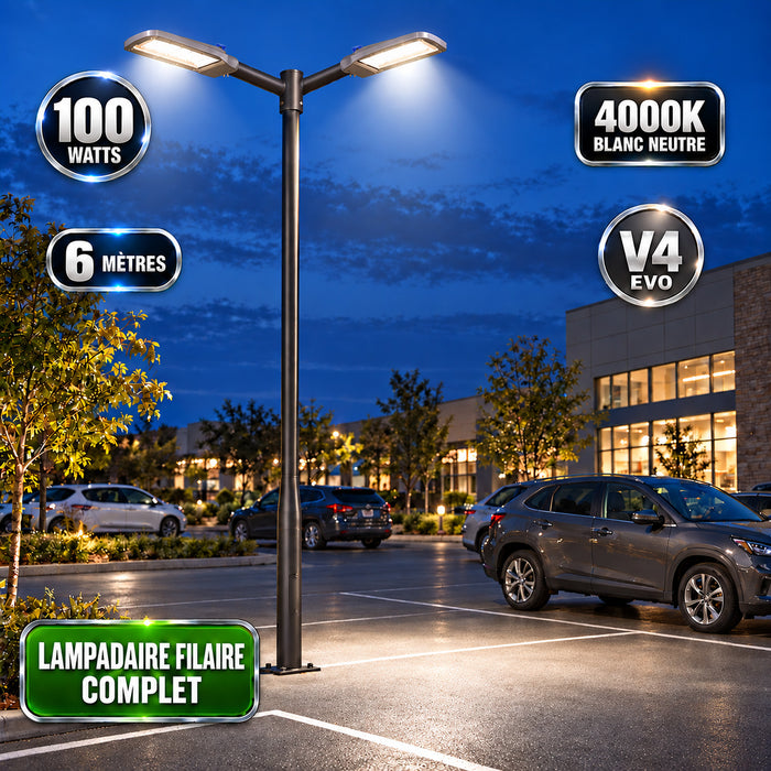 Pack lampadaire filaire complet double tête 3/4/5/6 mètres au choix : 2x Lampadaires LED filaires Série FLEX V4 EVO - Avec capteur crépusculaire + Mât STANDARD V4 EVO - Entraxe des trous 200mm - Noir / Gris + Adaptateur en ligne ou perpendiculaire