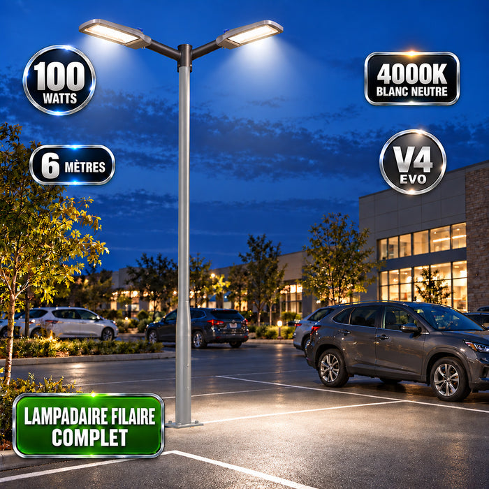 Pack lampadaire filaire complet double tête 3/4/5/6 mètres au choix : 2x Lampadaires LED filaires Série FLEX V4 EVO - Avec capteur crépusculaire + Mât STANDARD V4 EVO - Entraxe des trous 200mm - Noir / Gris + Adaptateur en ligne ou perpendiculaire