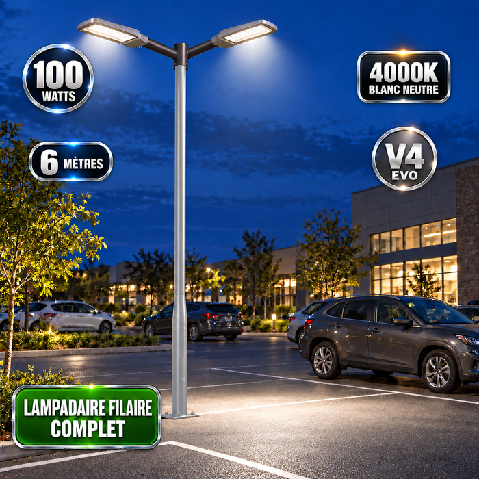 Pack lampadaire filaire complet double tête 3/4/5/6 mètres au choix : 2x Lampadaires LED filaires Série FLEX V4 + Mât STANDARD V4 EVO - Entraxe des trous 200mm - Noir ou Gris + Adaptateur en ligne ou perpendiculaire 80/60mm