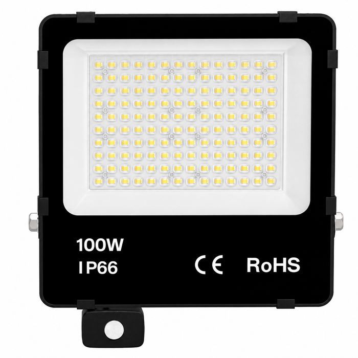 Projecteur LED filaire détecteur - Série PAD ULTRA PIR - 100 Watts - 15 000 Lumens - 150 Lumens/Watt - Angle 90° - IP66 - 28 x 29 x 6 cm - Structure en ALUMINIUM - Transformateur SOSEN - 4000k - Garantie 5 ans
