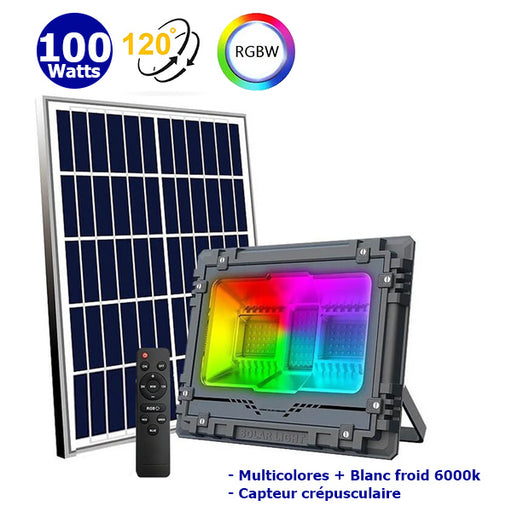 Projecteur LED solaire - Série WARRIOR RGBW (Multicolores + Blanc) - 100 Watts - Angle 120° - Lampe 26 x 20 x 6 cm - Panneau solaire 35 x 29 cm - IP67 - Avec télécommande - Avec capteur crépusculaire