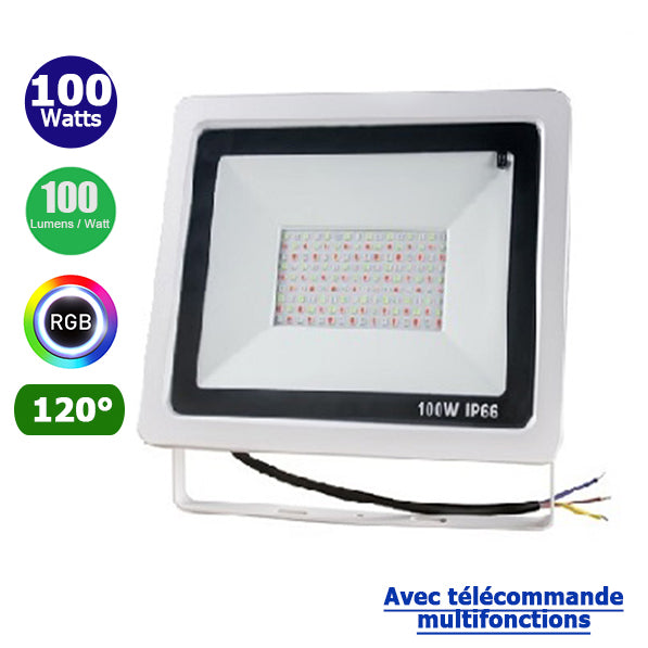 Projecteur LED Filaire RGB - Série PAD 100 Watts - 10 000 Lumens - 100 Lumens/Watt - Angle 120° - IP66 - 270 x 210 x 34 mm - Avec télécommande