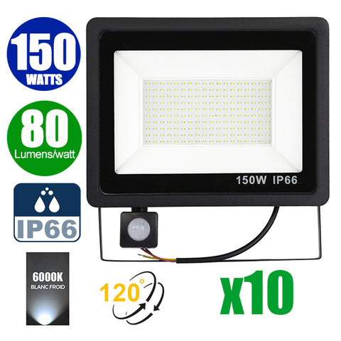 Pack de 10x Projecteurs LED filaires - Série PAD PIR - 150 Watts - 12 000 Lumens - 80 Lumens/Watt - Angle 120° - IP66 - 32 x 27 x 6 cm - 6000k - Avec détecteur de mouvement Infrarouge