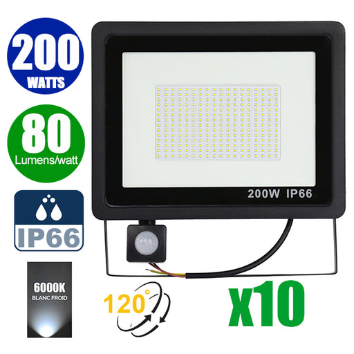Pack de 10x Projecteurs LED filaires - Série PAD PIR - 200 Watts - 16 000 Lumens - 80 Lumens/Watt - Angle 120° - IP66 - 38 x 33 x 6 cm - 6000k - Avec détecteur de mouvement Infrarouge