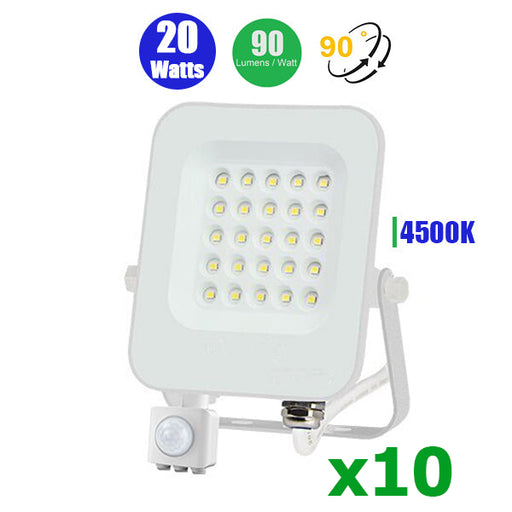 Pack de 10x Projecteurs LED Filaires avec détecteur de mouvement - 20 Watts - 1800 lumens - 90 Lumens/Watt - Angle 90° - IP65 - 121 x 190 x 54 mm