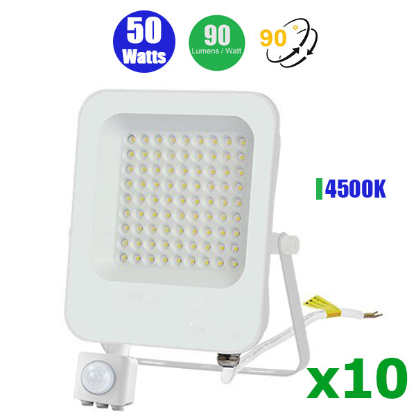 Pack de 10x Projecteurs LED Filaires avec détecteur de mouvement - 50 Watts - 4500 lumens - 90 Lumens/Watt - Angle 90° - IP65 - 182 x 263 x 57 mm
