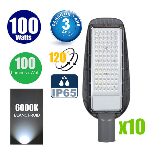 Pack de 10x Lampes de rue filaires - Série STREET ECO - 100 Watts - 10 000 Lumens - 100 Lumens/Watt - Angle 120° - IP65 - 50 x 20 x 8 cm - Tube d'insertion 50mm - Garantie 3 ans