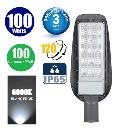 Lampe de rue filaire - Série STREET ECO - 100 Watts - 10 000 Lumens - 100 Lumens/Watt - Angle 120° - IP65 - 50 x 20 x 8 cm - Tube d'insertion 50mm - Garantie 3 ans