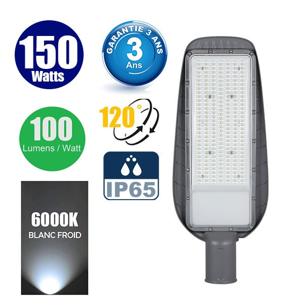 Lampe de rue filaire - Série STREET ECO - 150 Watts - 15 000 Lumens - 100 Lumens/Watt - Angle 120° - IP65 - 54 x 21 x 8 cm - Tube d'insertion 50mm - Garantie 3 ans