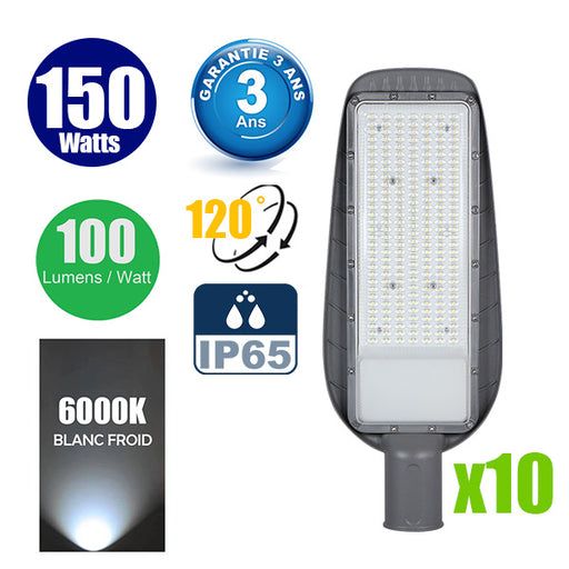 Pack de 10x Lampes de rue filaires - Série STREET ECO - 150 Watts - 15 000 Lumens - 100 Lumens/Watt - Angle 120° - IP65 - 54 x 21 x 8 cm - Tube d'insertion 50mm - Garantie 3 ans