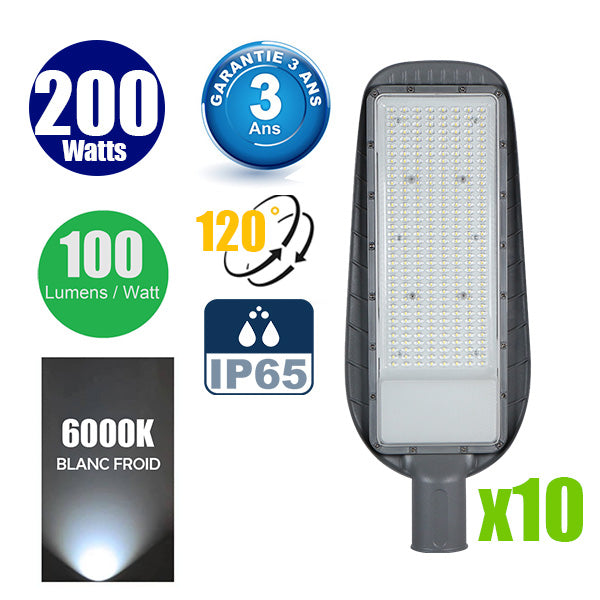 Pack de 10x Lampes de rue filaires - Série STREET ECO - 200 Watts - 20 000 Lumens - 100 Lumens/Watt - Angle 120° - IP65 - 61 x 23 x 8 cm - Tube d'insertion 63mm - Garantie 3 ans