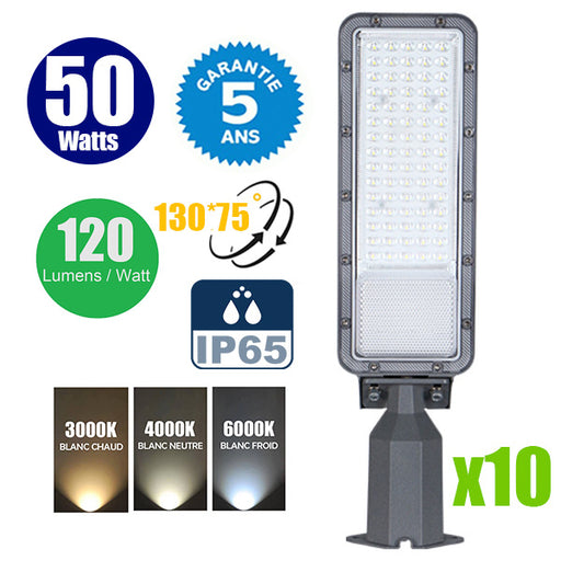 Pack de 10x Lampes de rue filaires - Série FLEX ECO BASIC - 50 Watts - 6000 Lumens - 120 Lumens/Watt - Angle 130° x 75° - IP65 - 46 x 12 x 8cm - Tube d'insertion 60mm - Support ajustable - 3000K / 4000K / 6000K au choix - Garantie 5 ans