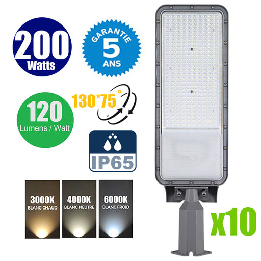 Pack de 10x Lampes de rue filaires - Série FLEX ECO BASIC - 200 Watts - 24 000 Lumens - 120 Lumens/Watt - Angle 130° x 75° - IP65 - 65 x 19 x 8 cm - Tube d'insertion 60mm - Support ajustable  - 3000K / 4000K / 6000K au choix - Garantie 5 ans