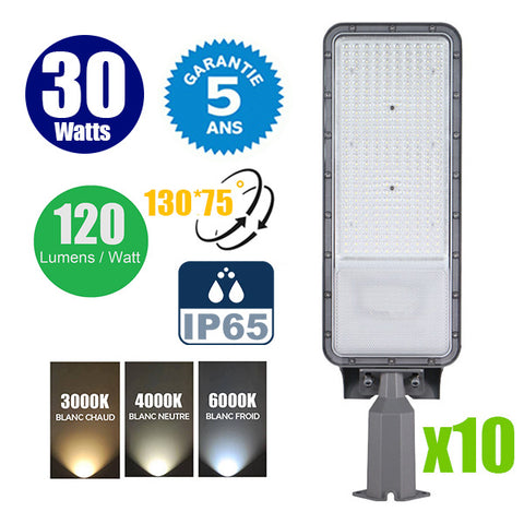 Pack de 10x Lampes de rue filaires - Série FLEX ECO BASIC - 30 Watts - 3600 Lumens - 120 Lumens/Watt - Angle 130° x 75° - IP65 - 40 x 15 x 8cm - Tube d'insertion 60mm - Support ajustable - 3000K / 4000K / 6000K au choix -Garantie 5 ans