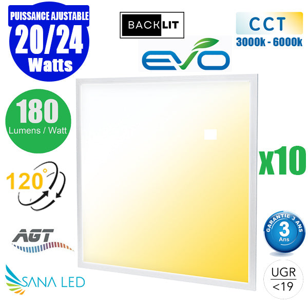 Pack de 10x Dalles LED Dernière génération - BACKLIT - 60 x 60 cm - Série AMBITION EVO - CCT (Couleur Changeante en Température) – Puissance ajustable 20 à 24 Watts - Jusqu'à 4320 Lumens - 180 Lumens/Watt - Transformateur inclus - UGR <19 - Garantie 3 ans