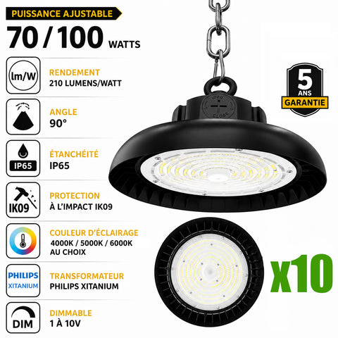 Pack de 10x Lampes industrielles UFO - Série AVENIR V2 - Puissance ajustable 70 / 100 Watts - 21 000 Lumens - 210 Lumens/Watt - Angle 90° - IP65 - IK09 - 255 x 110 mm - Dimmable 1-10V - Transformateur PHILIPS - Garantie 5 ans