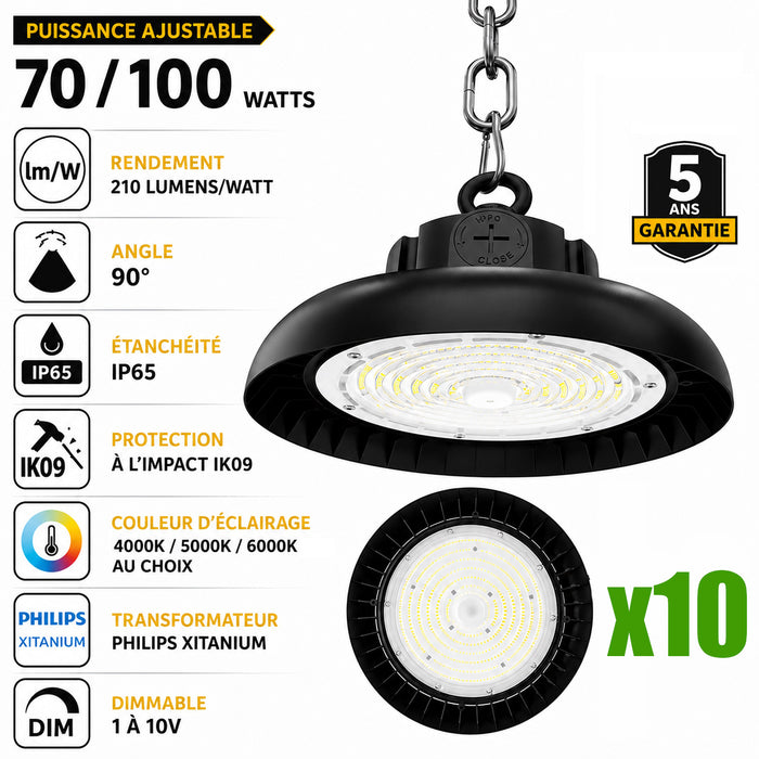 Pack de 10x Lampes industrielles UFO - Série AVENIR V2 - Puissance ajustable 70 / 100 Watts - 21 000 Lumens - 210 Lumens/Watt - Angle 90° - IP65 - IK09 - 255 x 110 mm - Dimmable 1-10V - Transformateur PHILIPS - Garantie 5 ans