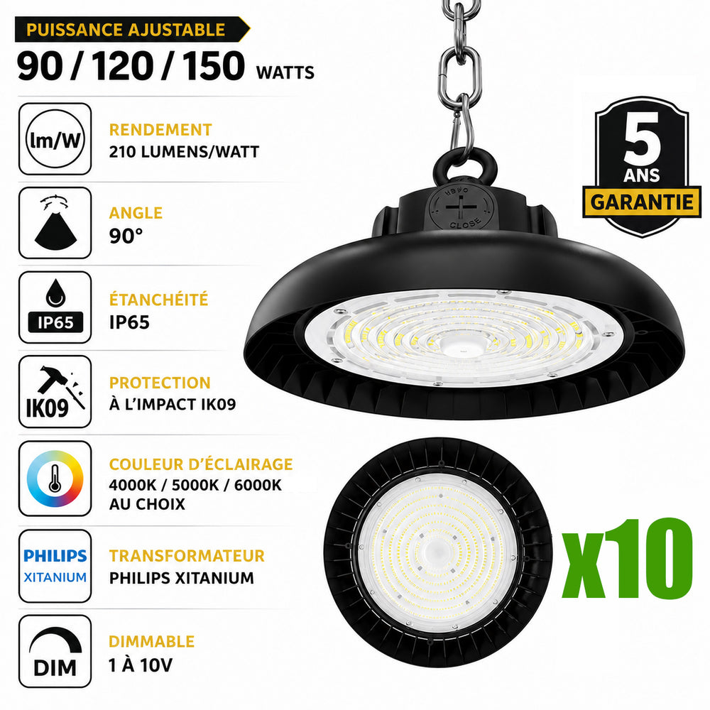Pack de 10x Lampes industrielles UFO - Série AVENIR V2 - Puissance ajustable 90/120/150 Watts - 31 500 Lumens - 210 Lumens/Watt - Angle 90° - IP65 - IK09 - 300 x 110 mm - Dimmable 1-10V - Transformateur PHILIPS - Garantie 5 ans